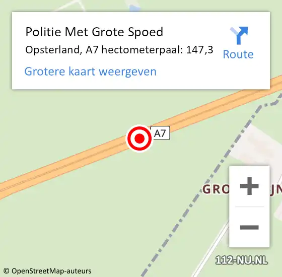 Locatie op kaart van de 112 melding: Politie Met Grote Spoed Naar Opsterland, A7 hectometerpaal: 147,3 op 29 januari 2022 01:23