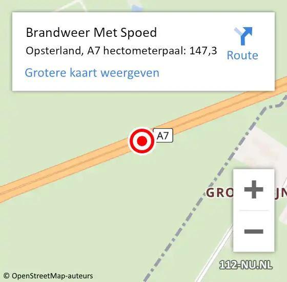 Locatie op kaart van de 112 melding: Brandweer Met Spoed Naar Opsterland, A7 hectometerpaal: 147,3 op 29 januari 2022 01:24