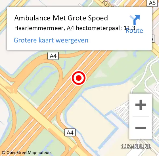 Locatie op kaart van de 112 melding: Ambulance Met Grote Spoed Naar Haarlemmermeer, A4 hectometerpaal: 11,3 op 29 januari 2022 07:27