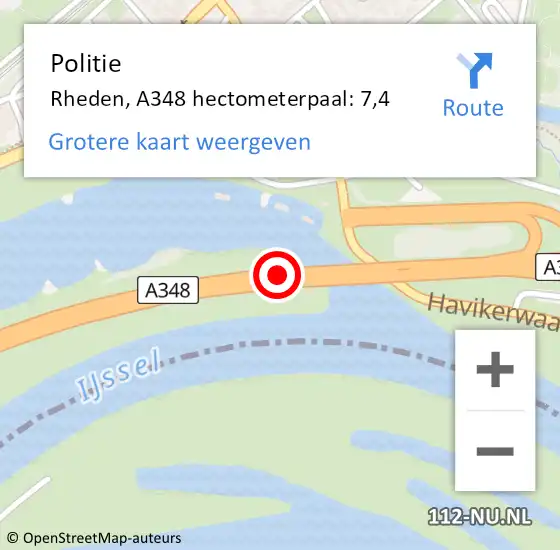 Locatie op kaart van de 112 melding: Politie Rheden, A348 hectometerpaal: 7,4 op 29 januari 2022 08:04