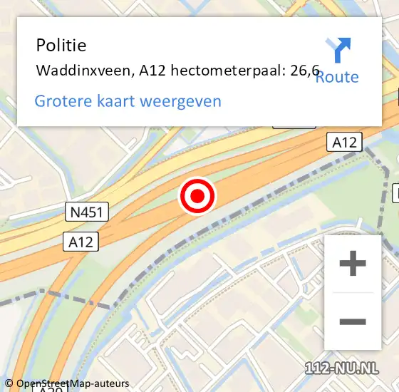 Locatie op kaart van de 112 melding: Politie Waddinxveen, A12 hectometerpaal: 26,6 op 29 januari 2022 12:08