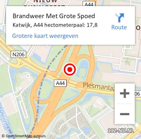 Locatie op kaart van de 112 melding: Brandweer Met Grote Spoed Naar Katwijk, A44 hectometerpaal: 17,8 op 29 januari 2022 14:23