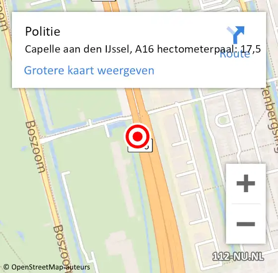 Locatie op kaart van de 112 melding: Politie Rotterdam, A16 hectometerpaal: 17,5 op 29 januari 2022 14:35