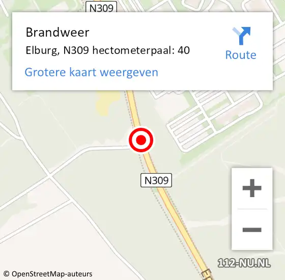 Locatie op kaart van de 112 melding: Brandweer Elburg, N309 hectometerpaal: 40 op 29 januari 2022 18:34