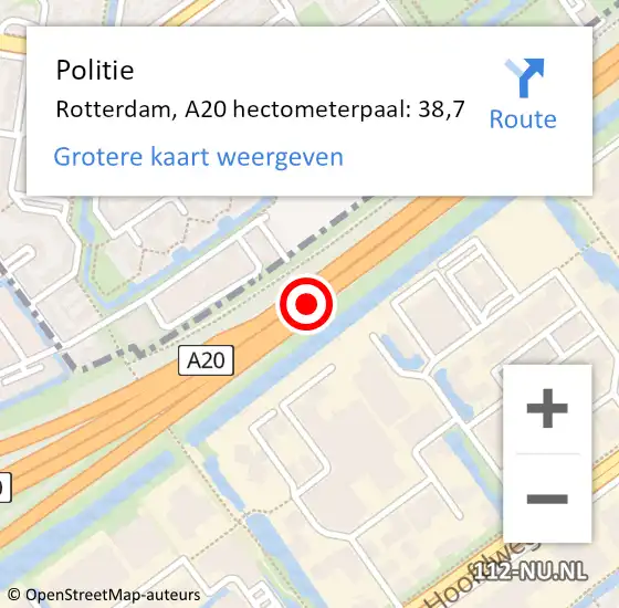 Locatie op kaart van de 112 melding: Politie Rotterdam, A20 hectometerpaal: 38,7 op 29 januari 2022 18:39