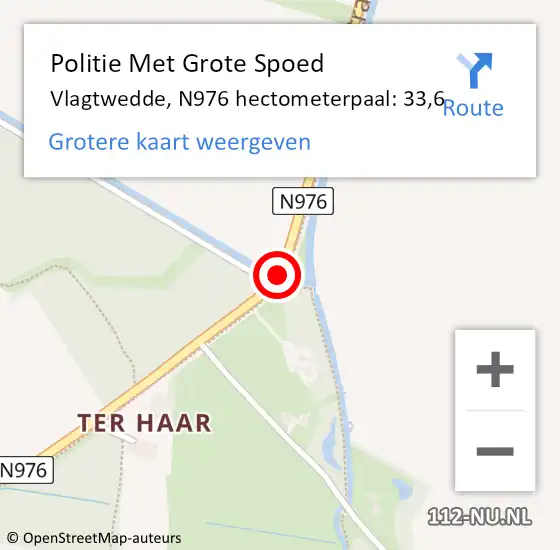 Locatie op kaart van de 112 melding: Politie Met Grote Spoed Naar Vlagtwedde, N976 hectometerpaal: 33,6 op 29 januari 2022 19:09