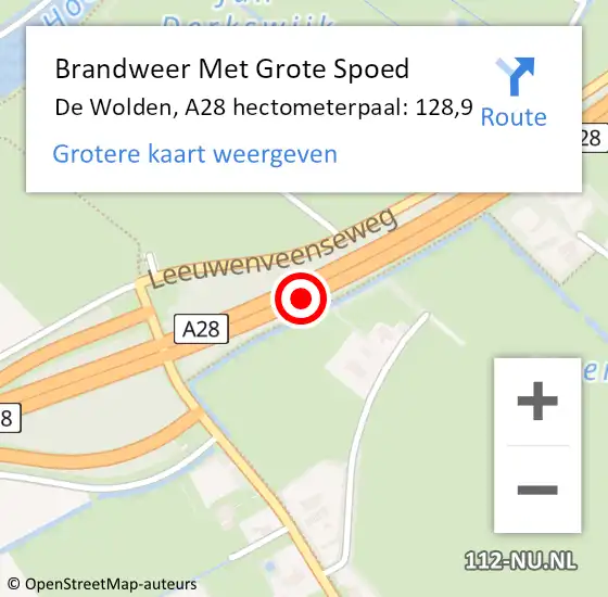 Locatie op kaart van de 112 melding: Brandweer Met Grote Spoed Naar De Wolden, A28 hectometerpaal: 128,9 op 29 januari 2022 21:27