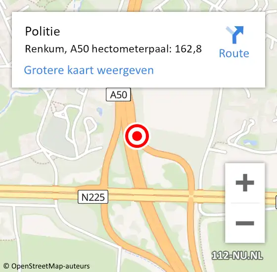 Locatie op kaart van de 112 melding: Politie Renkum, A50 hectometerpaal: 162,8 op 29 januari 2022 22:35