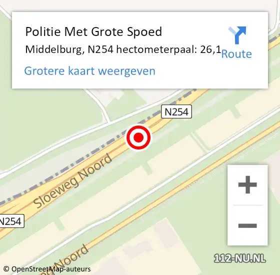 Locatie op kaart van de 112 melding: Politie Met Grote Spoed Naar Middelburg, N254 hectometerpaal: 26,1 op 30 januari 2022 08:20