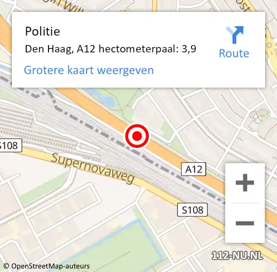 Locatie op kaart van de 112 melding: Politie Den Haag, A12 hectometerpaal: 3,9 op 30 januari 2022 08:38