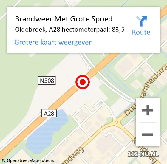 Locatie op kaart van de 112 melding: Brandweer Met Grote Spoed Naar Oldebroek, A28 hectometerpaal: 83,5 op 30 januari 2022 08:54
