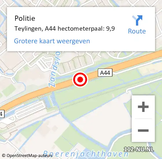 Locatie op kaart van de 112 melding: Politie Teylingen, A44 hectometerpaal: 9,9 op 30 januari 2022 09:14