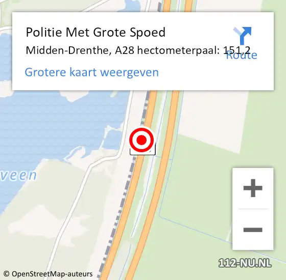 Locatie op kaart van de 112 melding: Politie Met Grote Spoed Naar Midden-Drenthe, A28 hectometerpaal: 151,2 op 30 januari 2022 12:26