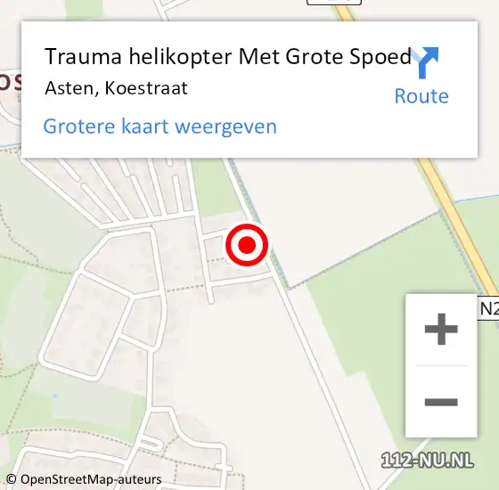 Locatie op kaart van de 112 melding: Trauma helikopter Met Grote Spoed Naar Asten, Koestraat op 30 januari 2022 12:28