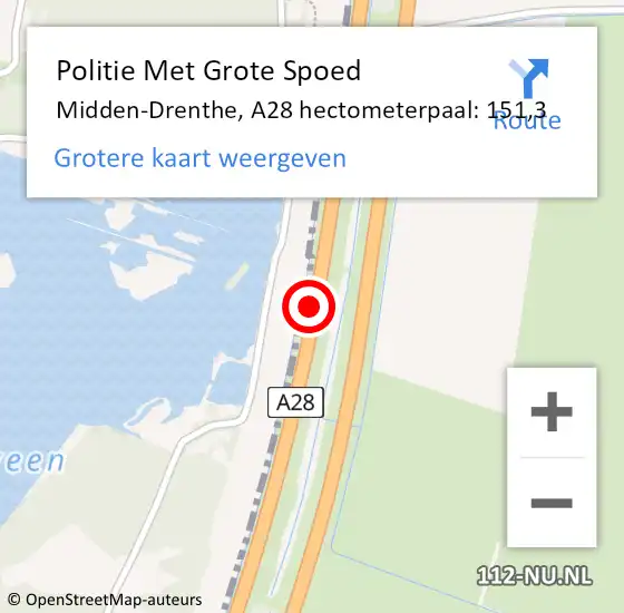 Locatie op kaart van de 112 melding: Politie Met Grote Spoed Naar Midden-Drenthe, A28 hectometerpaal: 151,3 op 30 januari 2022 12:29