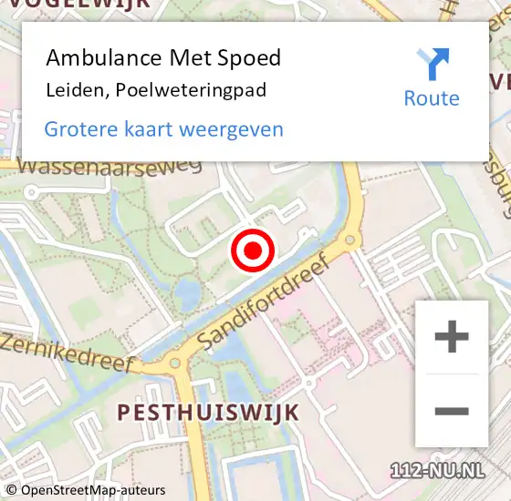 Locatie op kaart van de 112 melding: Ambulance Met Spoed Naar Leiden, Poelweteringpad op 30 januari 2022 13:46