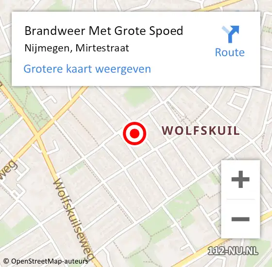 Locatie op kaart van de 112 melding: Brandweer Met Grote Spoed Naar Nijmegen, Mirtestraat op 30 januari 2022 13:53