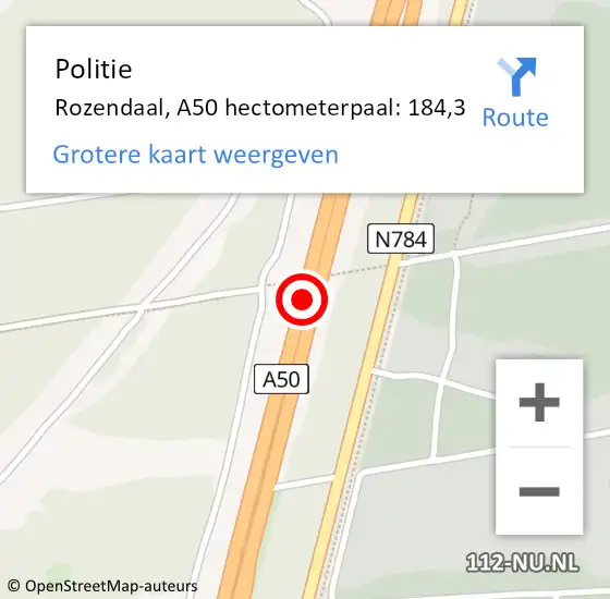 Locatie op kaart van de 112 melding: Politie Rozendaal, A50 hectometerpaal: 184,3 op 30 januari 2022 13:58