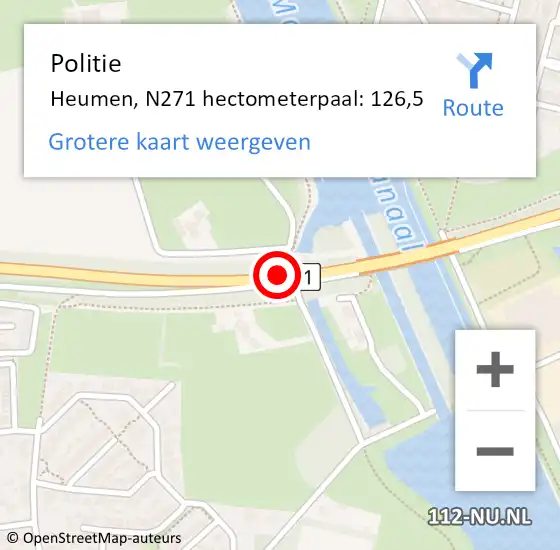 Locatie op kaart van de 112 melding: Politie Heumen, N271 hectometerpaal: 126,5 op 30 januari 2022 14:48
