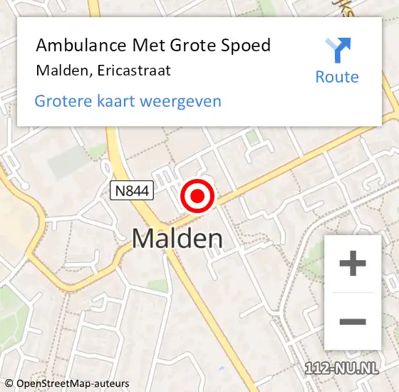 Locatie op kaart van de 112 melding: Ambulance Met Grote Spoed Naar Malden, Ericastraat op 30 januari 2022 18:45