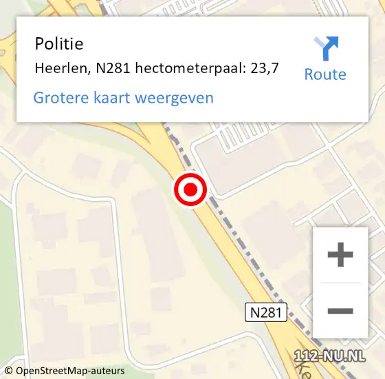 Locatie op kaart van de 112 melding: Politie Heerlen, N281 hectometerpaal: 23,7 op 30 januari 2022 21:22