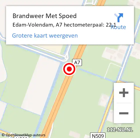 Locatie op kaart van de 112 melding: Brandweer Met Spoed Naar Edam-Volendam, A7 hectometerpaal: 22,1 op 31 januari 2022 05:36