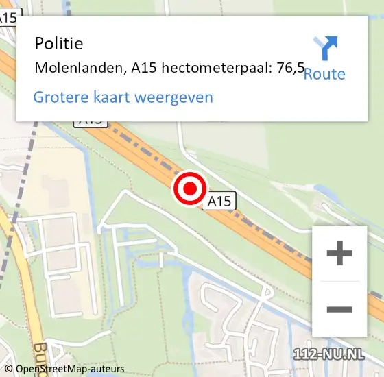 Locatie op kaart van de 112 melding: Politie Molenlanden, A15 hectometerpaal: 76,5 op 31 januari 2022 06:24