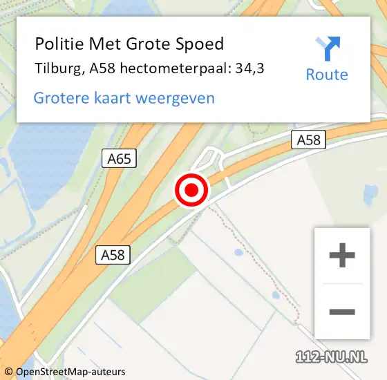 Locatie op kaart van de 112 melding: Politie Met Grote Spoed Naar Tilburg, A58 hectometerpaal: 34,3 op 31 januari 2022 08:42