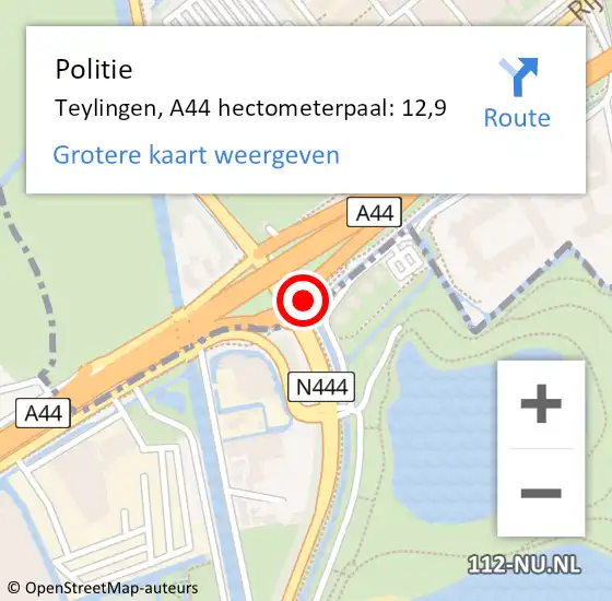 Locatie op kaart van de 112 melding: Politie Teylingen, A44 hectometerpaal: 12,9 op 31 januari 2022 08:49