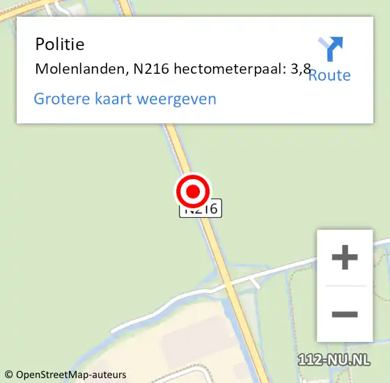 Locatie op kaart van de 112 melding: Politie Molenlanden, N216 hectometerpaal: 3,8 op 31 januari 2022 11:00