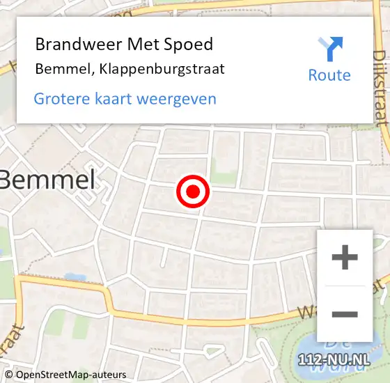 Locatie op kaart van de 112 melding: Brandweer Met Spoed Naar Bemmel, Klappenburgstraat op 31 januari 2022 11:02