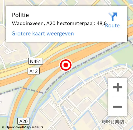 Locatie op kaart van de 112 melding: Politie Waddinxveen, A20 hectometerpaal: 48,6 op 31 januari 2022 11:02