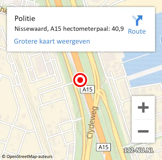 Locatie op kaart van de 112 melding: Politie Nissewaard, A15 hectometerpaal: 40,9 op 31 januari 2022 12:01