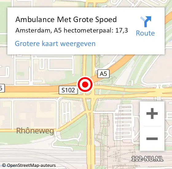 Locatie op kaart van de 112 melding: Ambulance Met Grote Spoed Naar Amsterdam, A5 hectometerpaal: 17,3 op 31 januari 2022 13:34