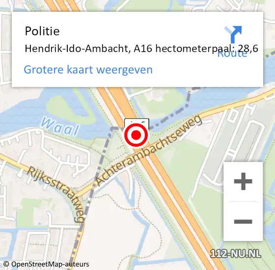 Locatie op kaart van de 112 melding: Politie Ridderkerk, A16 hectometerpaal: 28,6 op 31 januari 2022 14:02