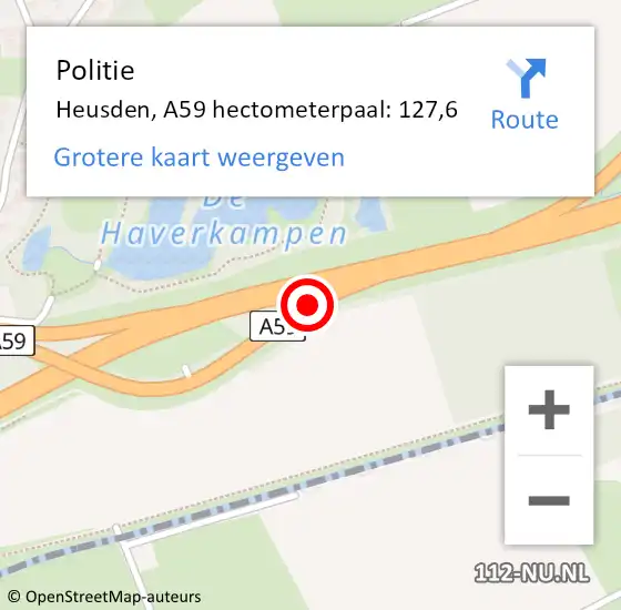 Locatie op kaart van de 112 melding: Politie Heusden, A59 hectometerpaal: 127,6 op 31 januari 2022 17:28