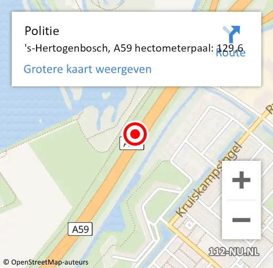 Locatie op kaart van de 112 melding: Politie 's-Hertogenbosch, A59 hectometerpaal: 129,6 op 31 januari 2022 17:28