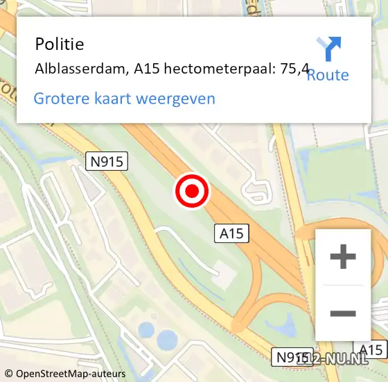 Locatie op kaart van de 112 melding: Politie Alblasserdam, A15 hectometerpaal: 75,4 op 31 januari 2022 17:29