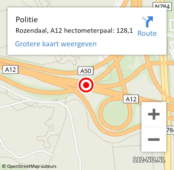 Locatie op kaart van de 112 melding: Politie Rozendaal, A12 hectometerpaal: 128,1 op 31 januari 2022 22:01