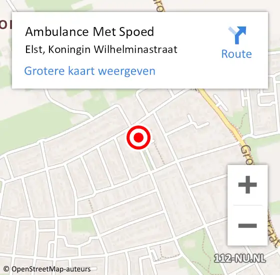 Locatie op kaart van de 112 melding: Ambulance Met Spoed Naar Elst, Koningin Wilhelminastraat op 1 februari 2022 00:39