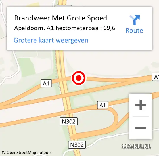 Locatie op kaart van de 112 melding: Brandweer Met Grote Spoed Naar Apeldoorn, A1 hectometerpaal: 69,6 op 1 februari 2022 02:57