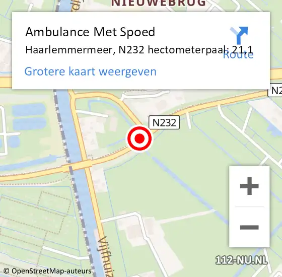 Locatie op kaart van de 112 melding: Ambulance Met Spoed Naar Haarlemmermeer, N232 hectometerpaal: 21,1 op 1 februari 2022 07:04