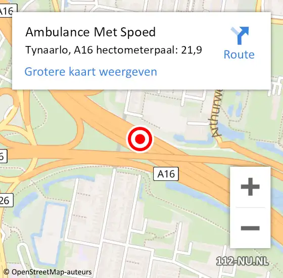 Locatie op kaart van de 112 melding: Ambulance Met Spoed Naar Tynaarlo, A16 hectometerpaal: 21,9 op 1 februari 2022 07:44