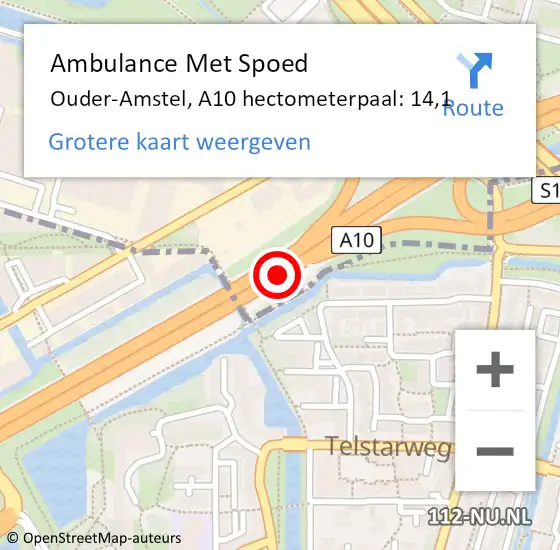 Locatie op kaart van de 112 melding: Ambulance Met Spoed Naar Ouder-Amstel, A10 hectometerpaal: 14,1 op 1 februari 2022 08:02