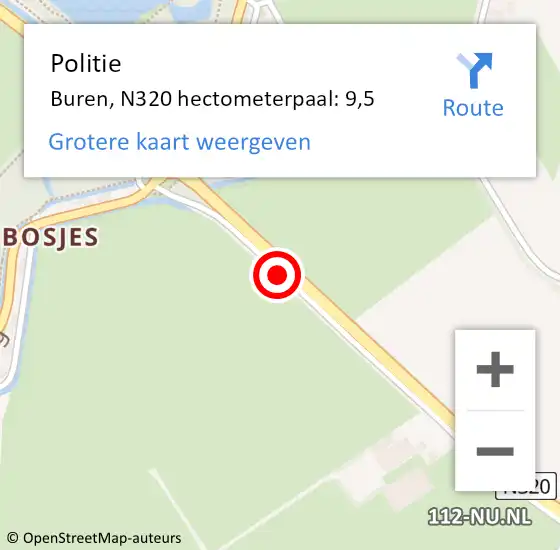 Locatie op kaart van de 112 melding: Politie Buren, N320 hectometerpaal: 9,5 op 1 februari 2022 08:14