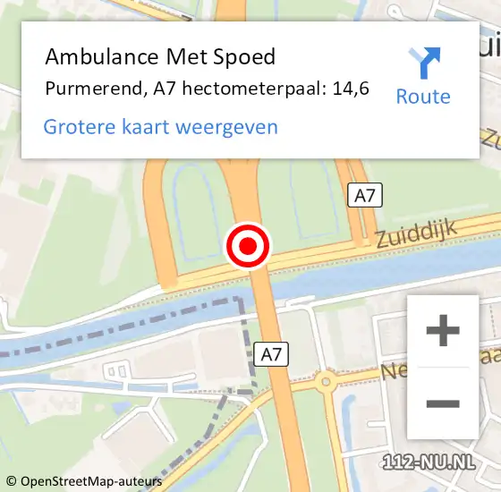 Locatie op kaart van de 112 melding: Ambulance Met Spoed Naar Purmerend, A7 hectometerpaal: 14,6 op 1 februari 2022 08:15