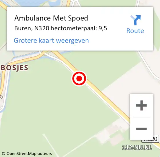 Locatie op kaart van de 112 melding: Ambulance Met Spoed Naar Buren, N320 hectometerpaal: 9,5 op 1 februari 2022 08:17