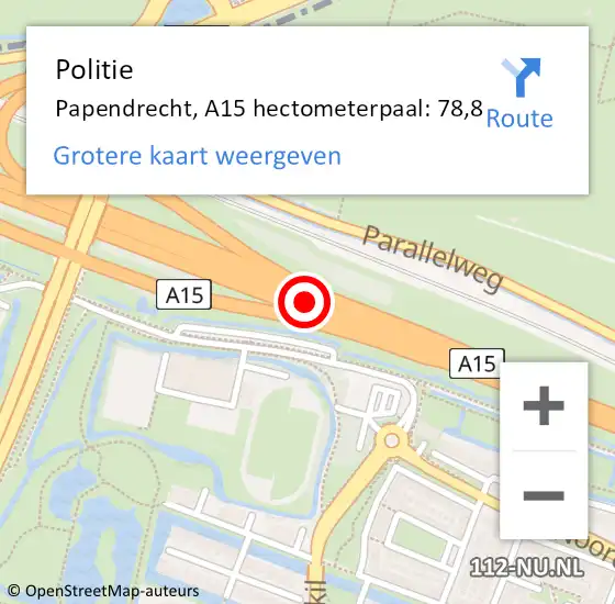 Locatie op kaart van de 112 melding: Politie Papendrecht, A15 hectometerpaal: 78,8 op 1 februari 2022 08:54