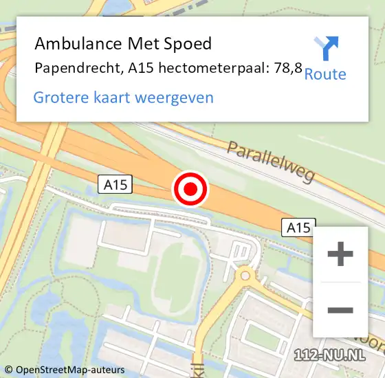 Locatie op kaart van de 112 melding: Ambulance Met Spoed Naar Papendrecht, A15 hectometerpaal: 78,8 op 1 februari 2022 08:58