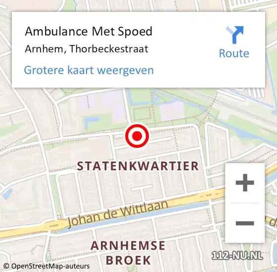 Locatie op kaart van de 112 melding: Ambulance Met Spoed Naar Arnhem, Thorbeckestraat op 1 februari 2022 13:12